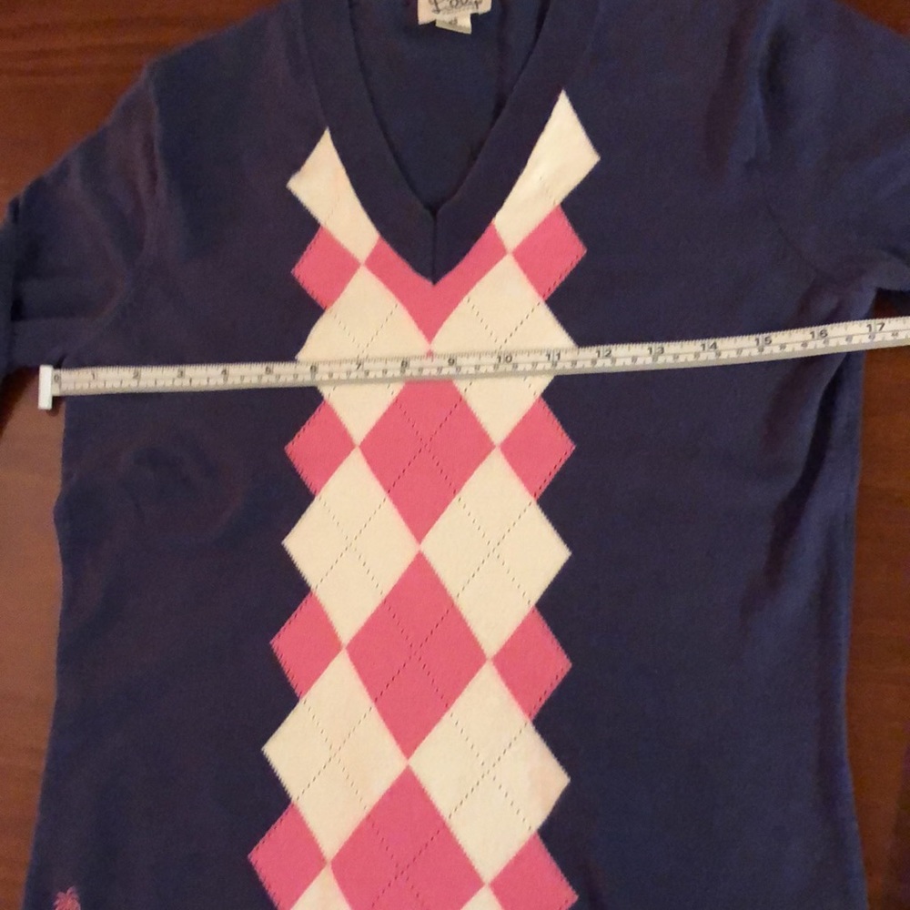 Lilly Pulitzer V-Neck Argyle Sweater Top Long-Sleeve Blue/White/Pink Shirt - Picture 7 of 12